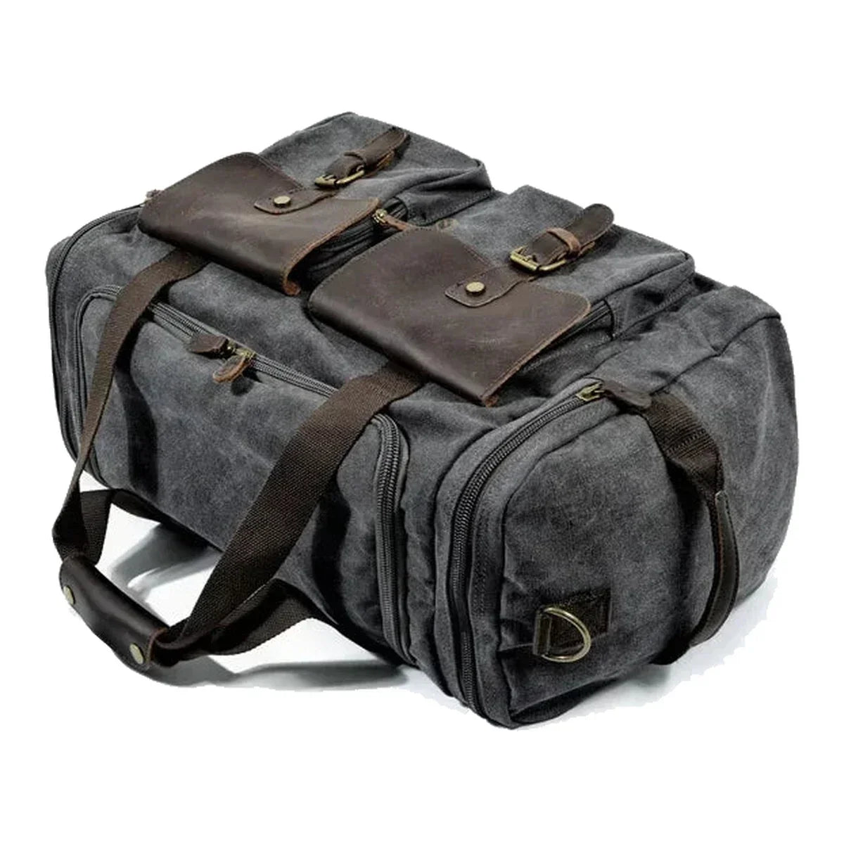 Men’s Waxed Canvas Weekender - Duffle Bag with Leather Pockets