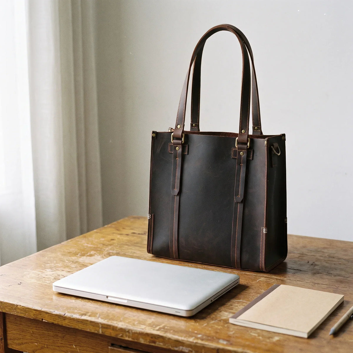 Men’s Zip-Top Leather Tote - Crazy Horse Cowhide with Crossbody Strap - Dark Coffee