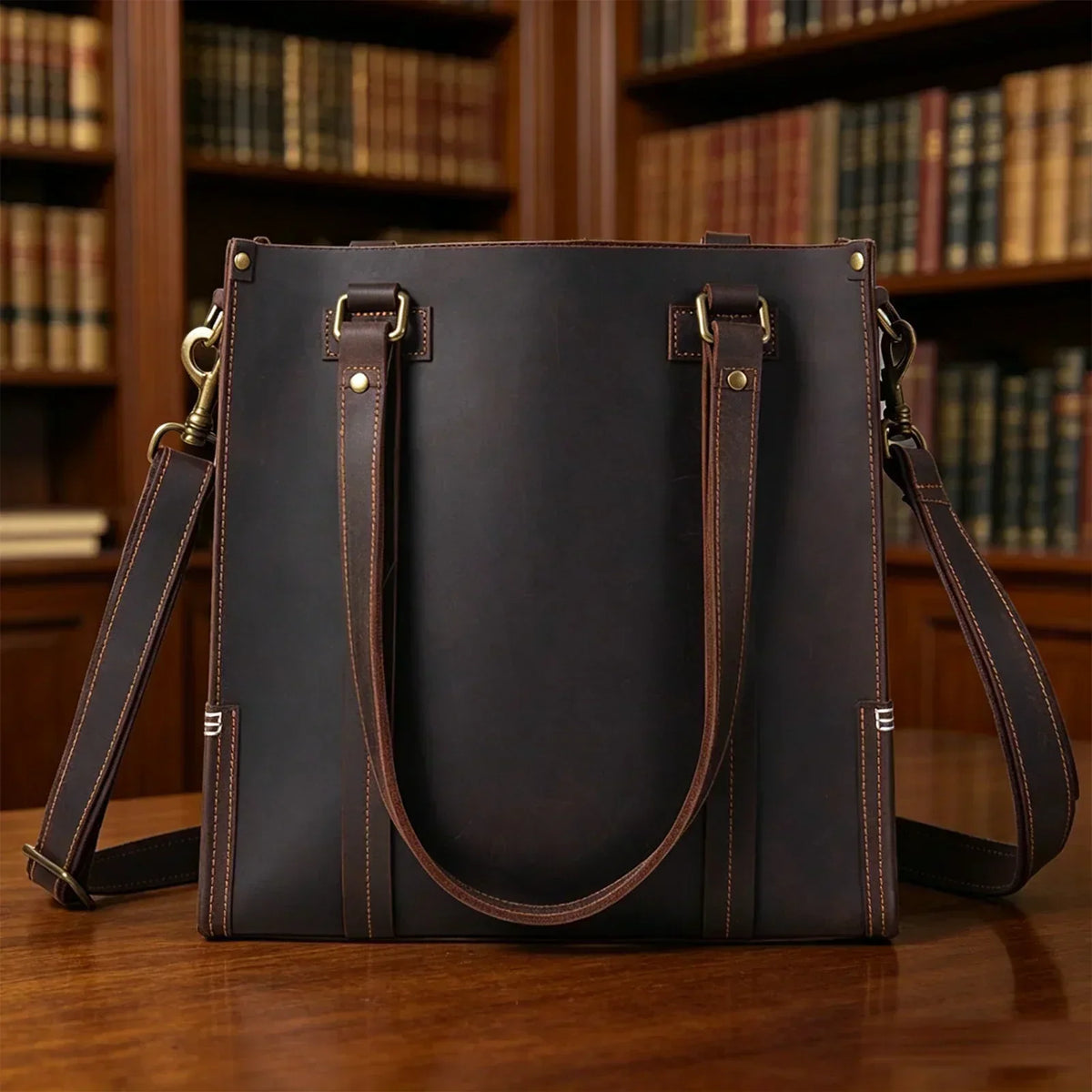 Men’s Zip-Top Leather Tote - Crazy Horse Cowhide with Crossbody Strap - Dark Coffee