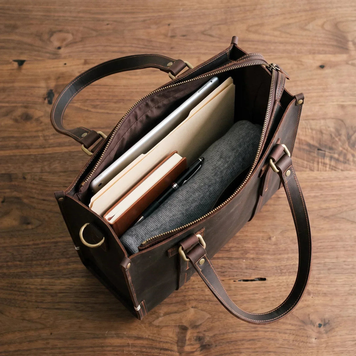 Men’s Zip-Top Leather Tote - Crazy Horse Cowhide with Crossbody Strap - Dark Coffee