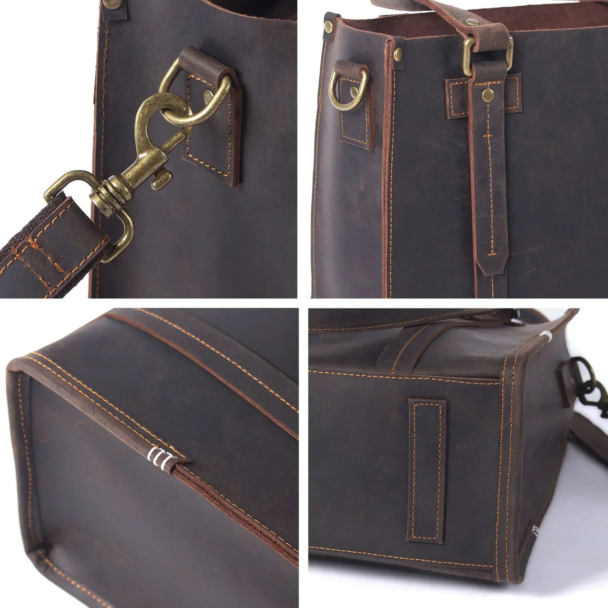 Men’s Zip-Top Leather Tote - Crazy Horse Cowhide with Crossbody Strap - Dark Coffee