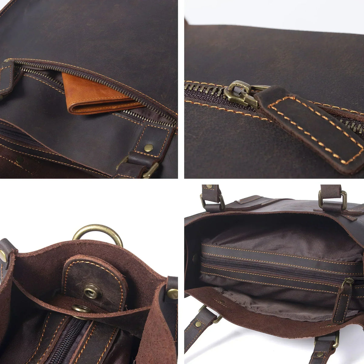 Men’s Zip-Top Leather Tote - Crazy Horse Cowhide with Crossbody Strap - Dark Coffee