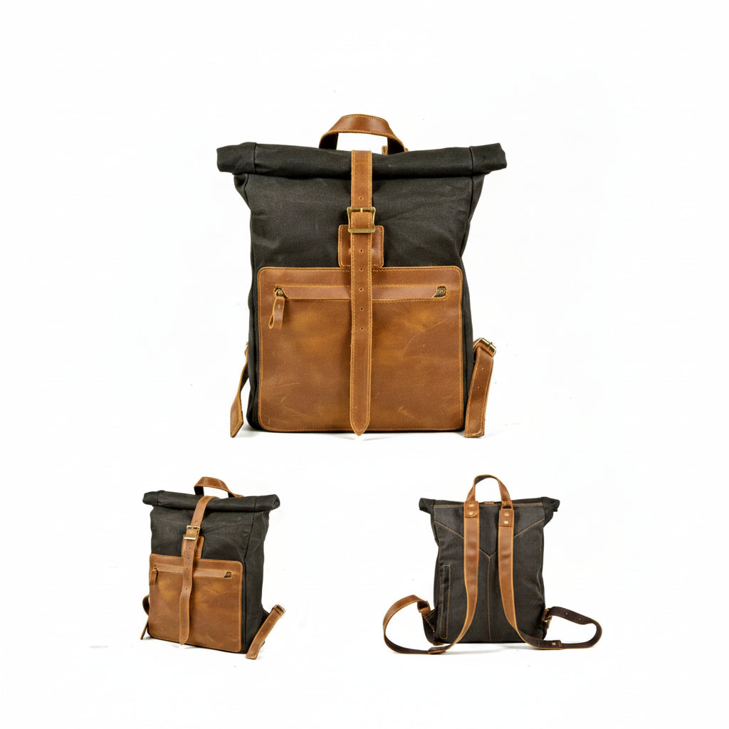 Men’s Waxed Canvas Roll-Top Backpack - Zip Front Pocket Rucksack
