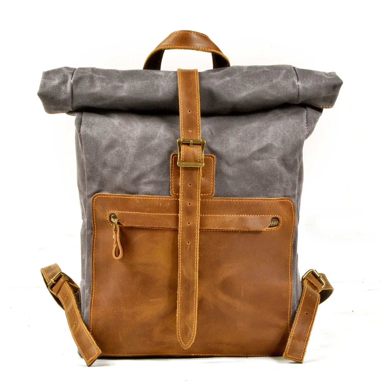 Men’s Waxed Canvas Roll-Top Backpack - Zip Front Pocket Rucksack - Dark gray