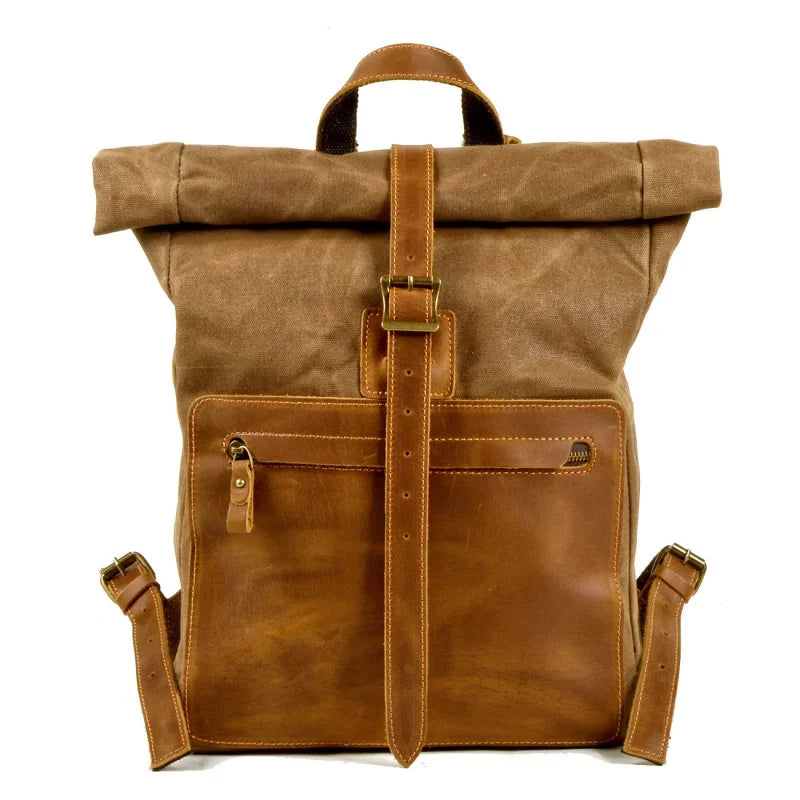 Men’s Waxed Canvas Roll-Top Backpack - Zip Front Pocket Rucksack - Khaki