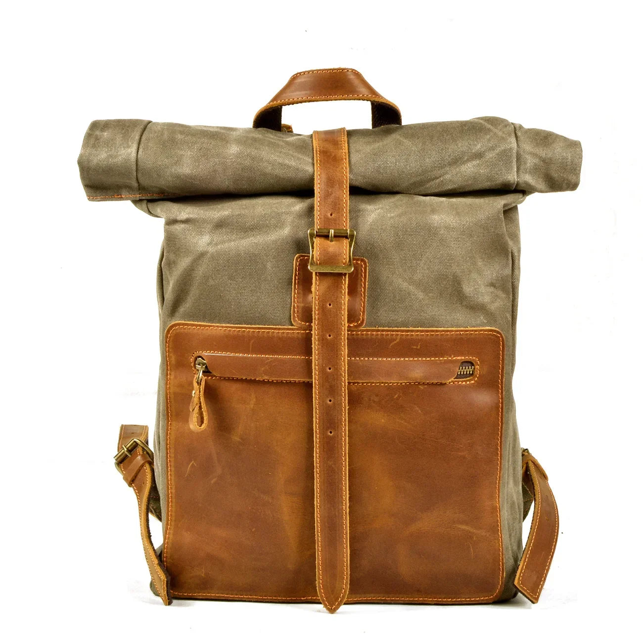Men’s Waxed Canvas Roll-Top Backpack - Zip Front Pocket Rucksack - Olive