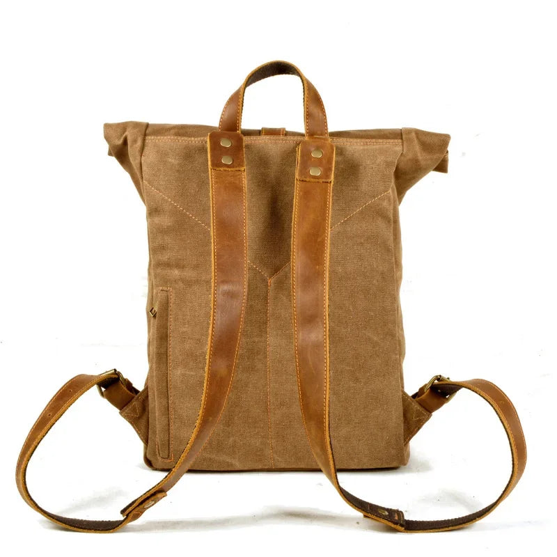 Men’s Waxed Canvas Roll-Top Backpack - Zip Front Pocket Rucksack