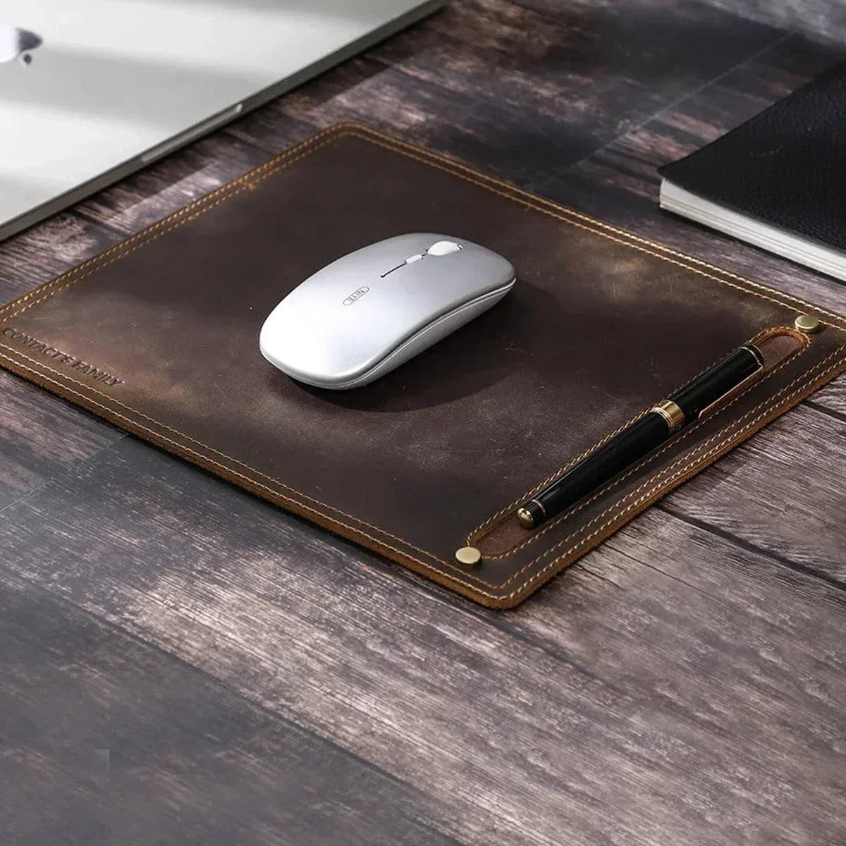 Nubuck Leather Mouse Pad with Pen Holder - Coffee / 11 x 9.1