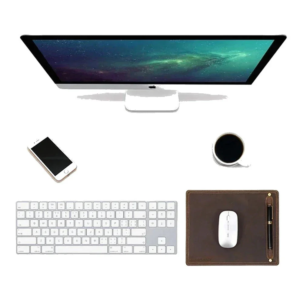 Nubuck Leather Mouse Pad with Pen Holder - Coffee / 11 x 9.1
