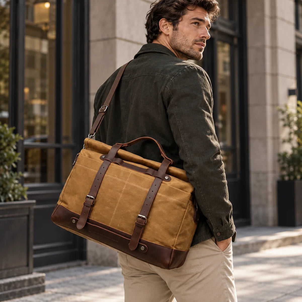 Roll-Top Waxed Canvas Weekender Bag - Buckle Straps and Shoulder Strap