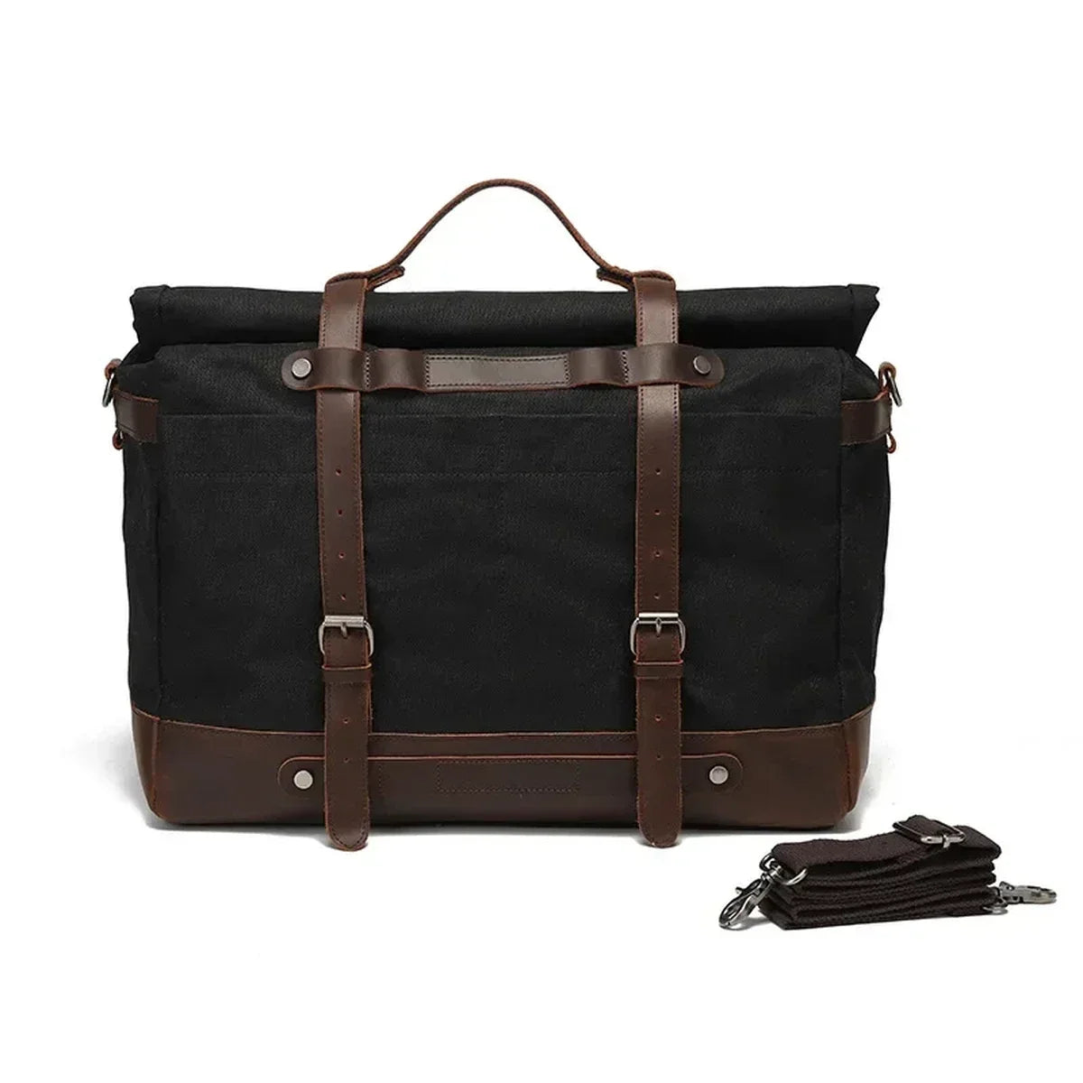 Roll-Top Waxed Canvas Weekender Bag - Buckle Straps and Shoulder Strap - Black