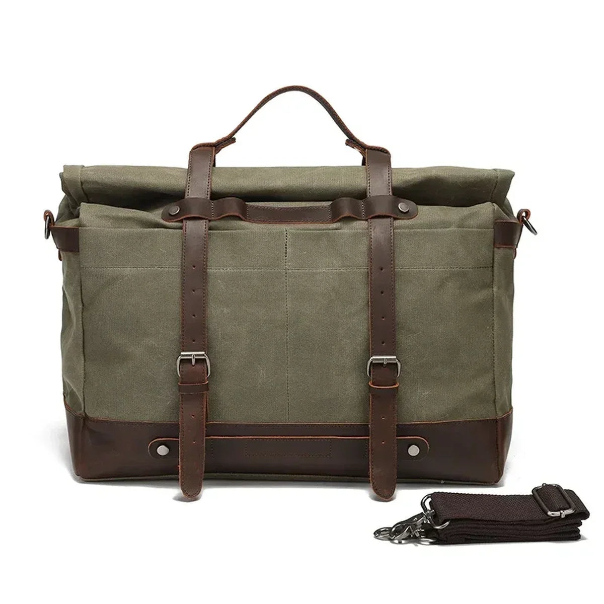 Roll-Top Waxed Canvas Weekender Bag - Buckle Straps and Shoulder Strap - Army Green