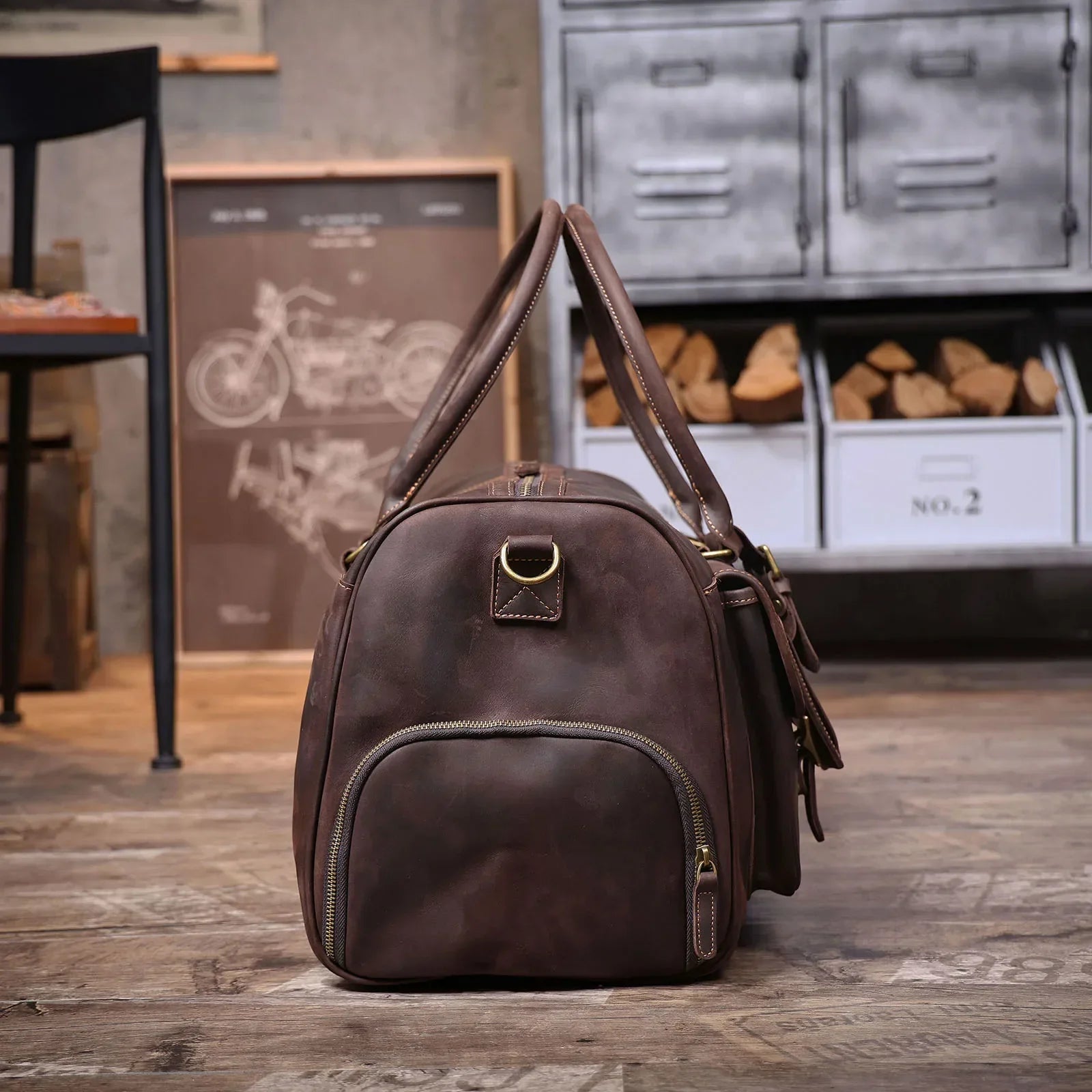 Men’s Leather Duffle Bag - Crazy Horse Front Pocket Weekender