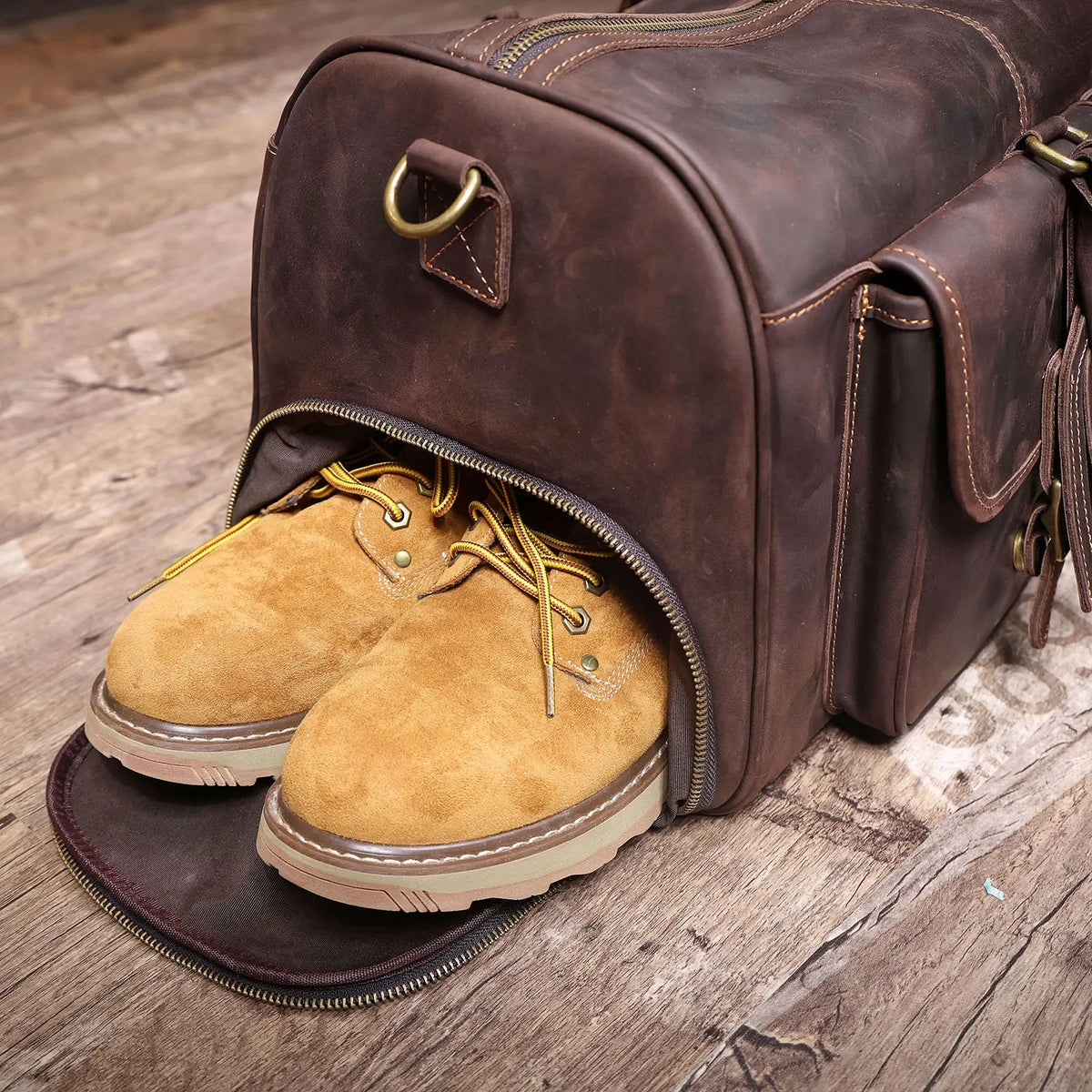 Men’s Leather Duffle Bag - Crazy Horse Front Pocket Weekender