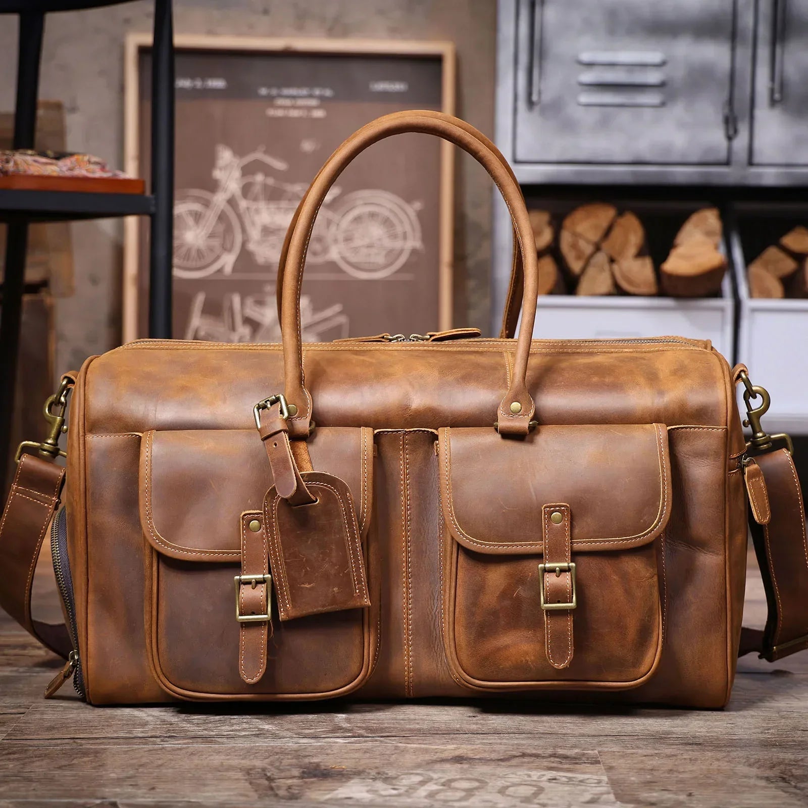 Men’s Leather Duffle Bag - Crazy Horse Front Pocket Weekender - Brown