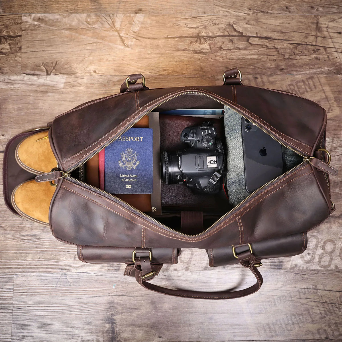 Men’s Leather Duffle Bag - Crazy Horse Front Pocket Weekender