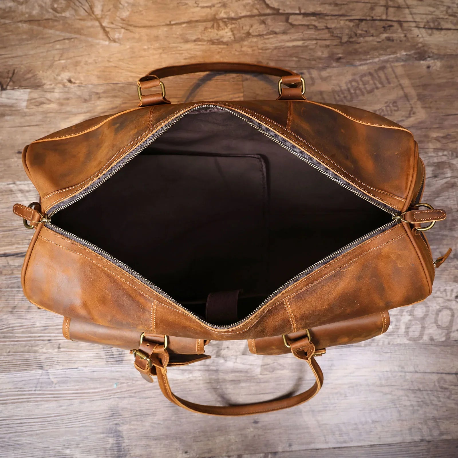 Men’s Leather Duffle Bag - Crazy Horse Front Pocket Weekender