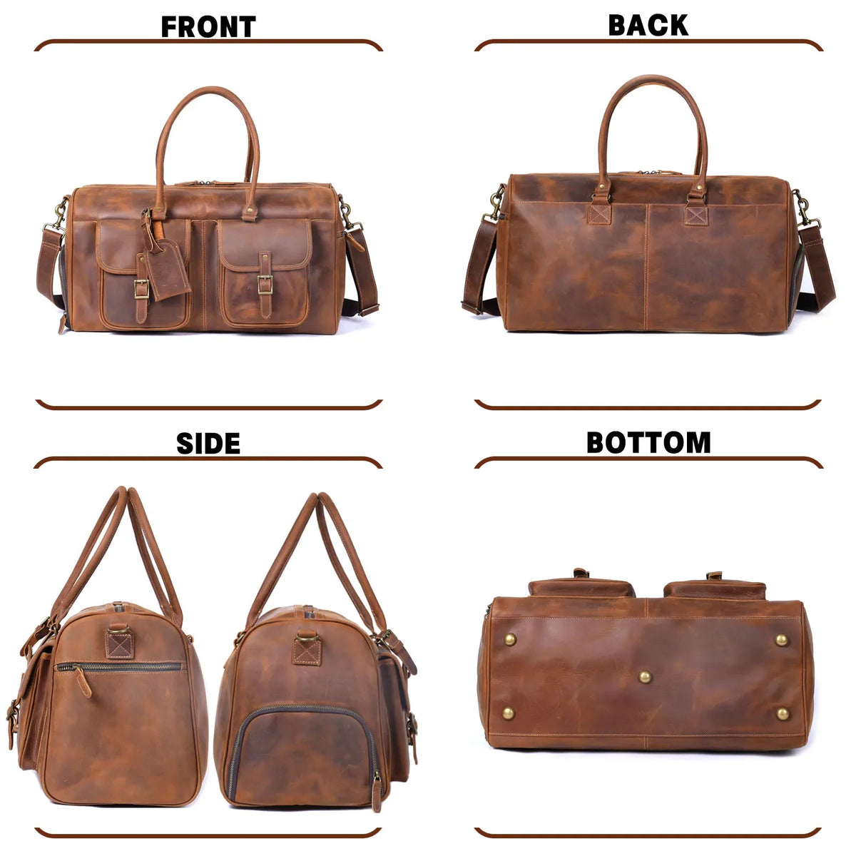Men’s Leather Duffle Bag - Crazy Horse Front Pocket Weekender