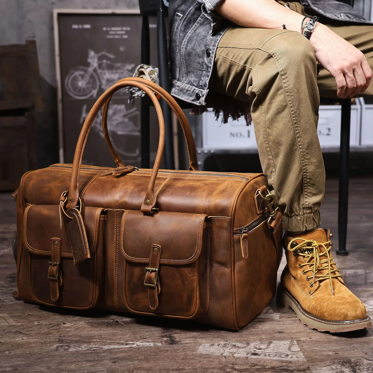 Men’s Leather Duffle Bag - Crazy Horse Front Pocket Weekender