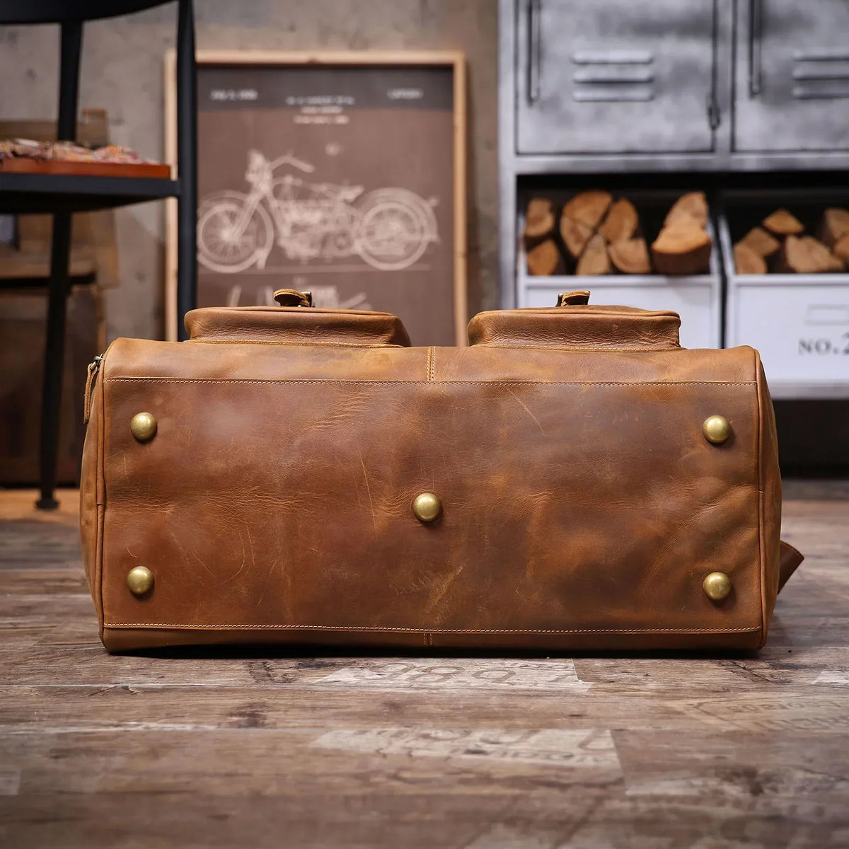 Men’s Leather Duffle Bag - Crazy Horse Front Pocket Weekender
