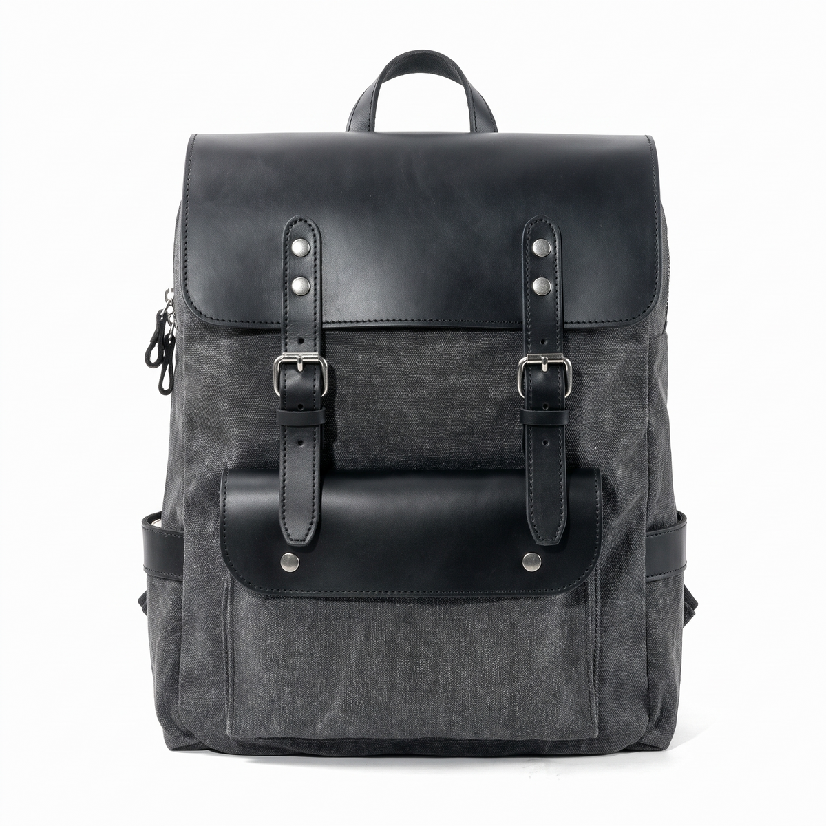 Men’s Waxed Canvas Backpack - Leather Trim 6-Color Laptop Pack - Black