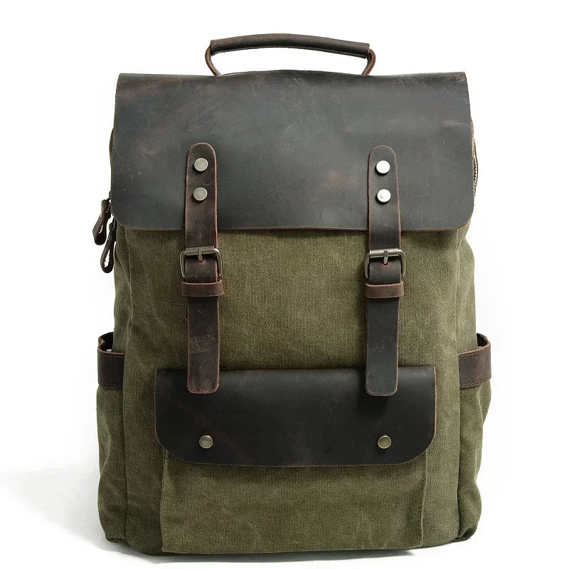 Men’s Waxed Canvas Backpack - Leather Trim 6-Color Laptop Pack - Green