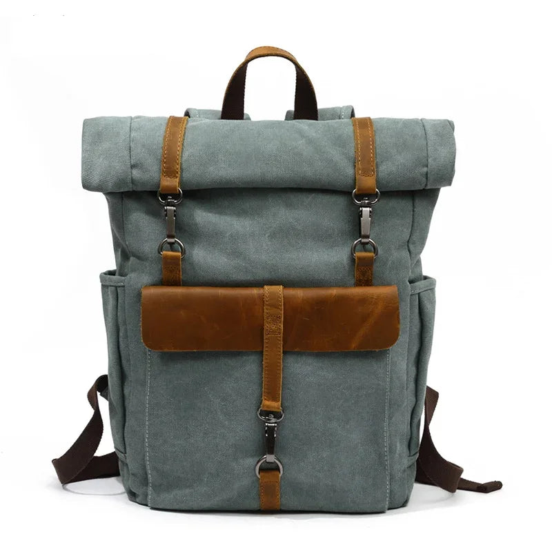 Men’s Canvas Roll-Top Backpack - Leather Trim 16L - Blue
