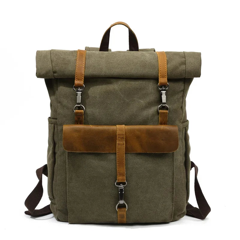 Men’s Canvas Roll-Top Backpack - Leather Trim 16L - Green