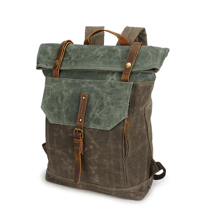 Men’s Waxed Canvas Roll Top Backpack - Crazy Horse Leather Trim