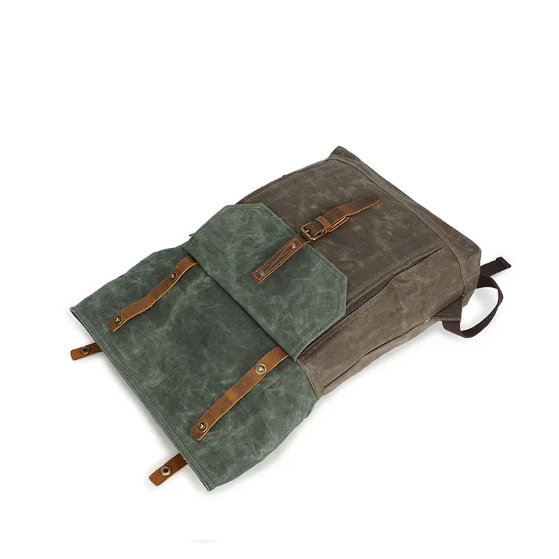 Men’s Waxed Canvas Roll Top Backpack - Crazy Horse Leather Trim