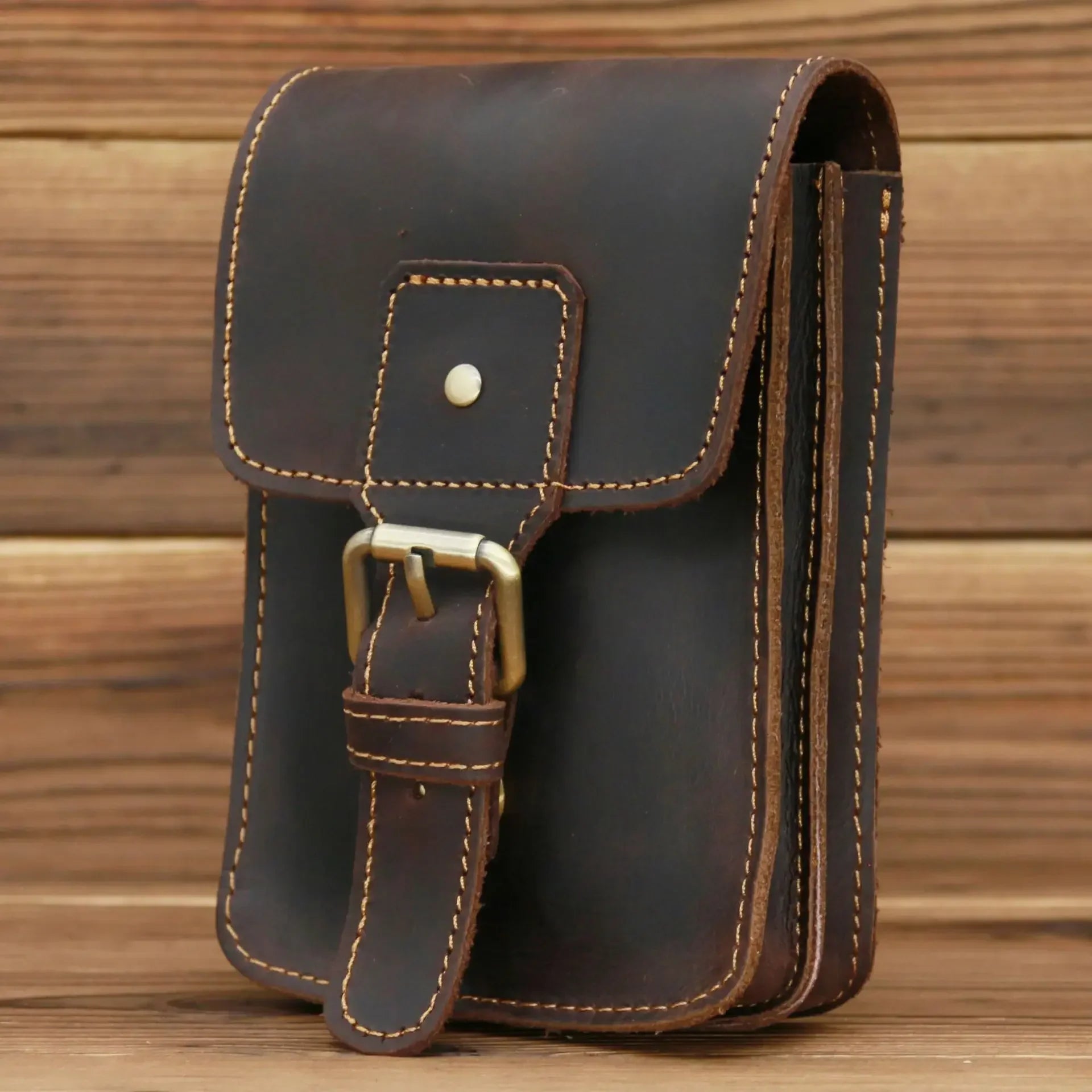 Men’s Leather Belt Pouch - Vertical Buckle Flap Design