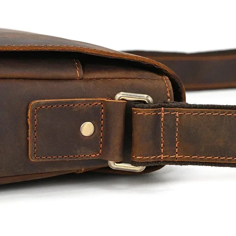 Men’s Leather Crossbody Bag - Vintage Buckle Flap Satchel