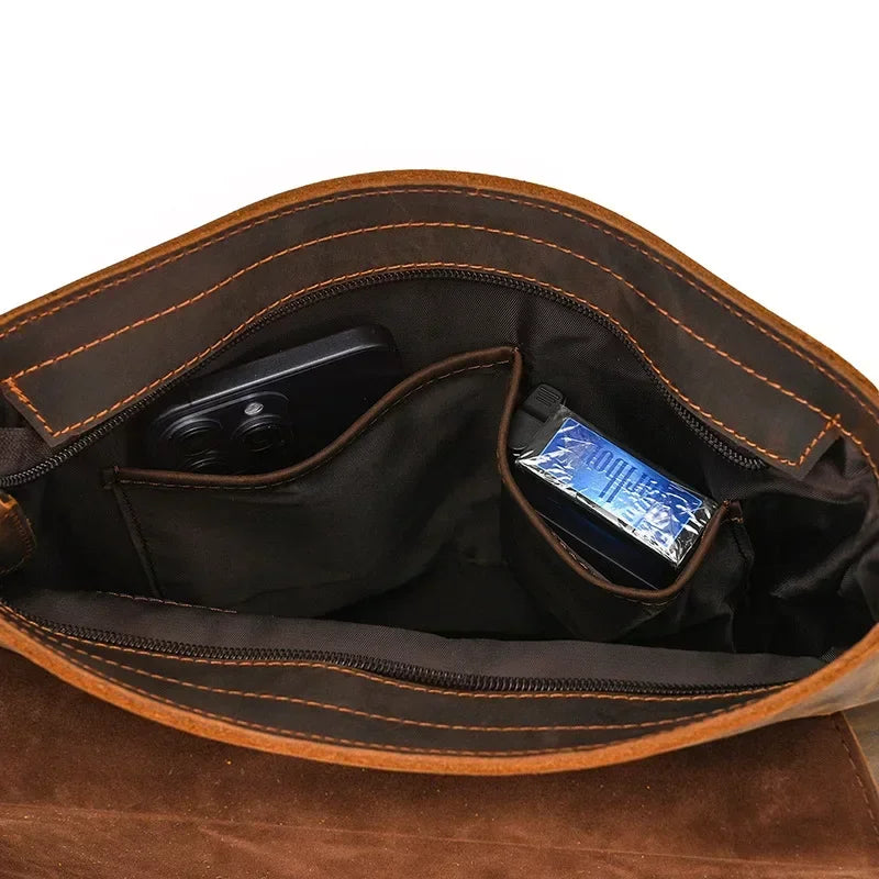 Men’s Leather Crossbody Bag - Vintage Buckle Flap Satchel