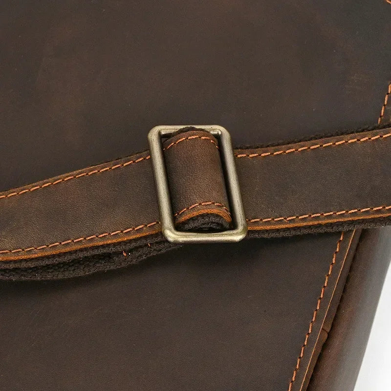 Men’s Leather Crossbody Bag - Vintage Buckle Flap Satchel