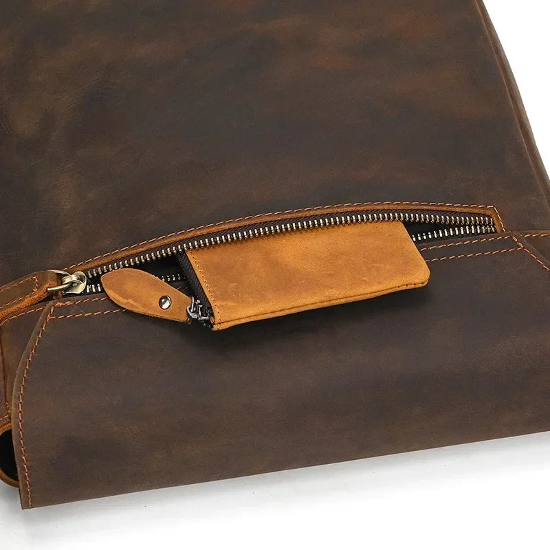 Men’s Leather Crossbody Bag - Vintage Buckle Flap Satchel