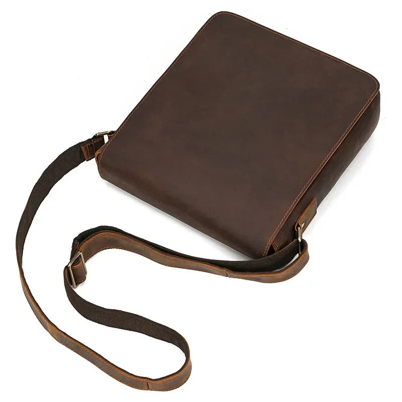 Men’s Leather Crossbody Bag - Vintage Buckle Flap Satchel