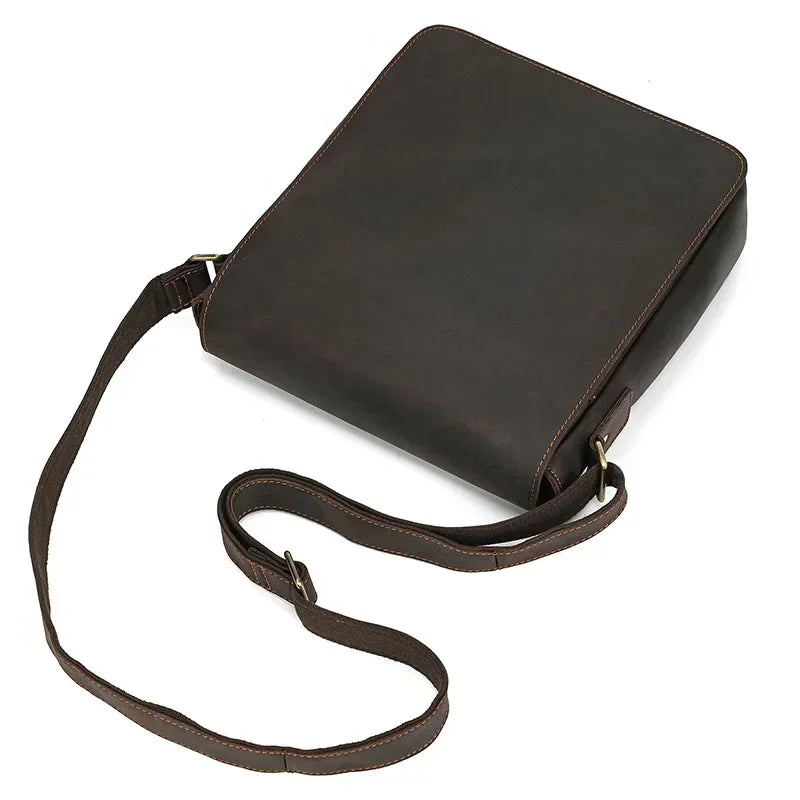 Men’s Leather Crossbody Bag - Vintage Buckle Flap Satchel