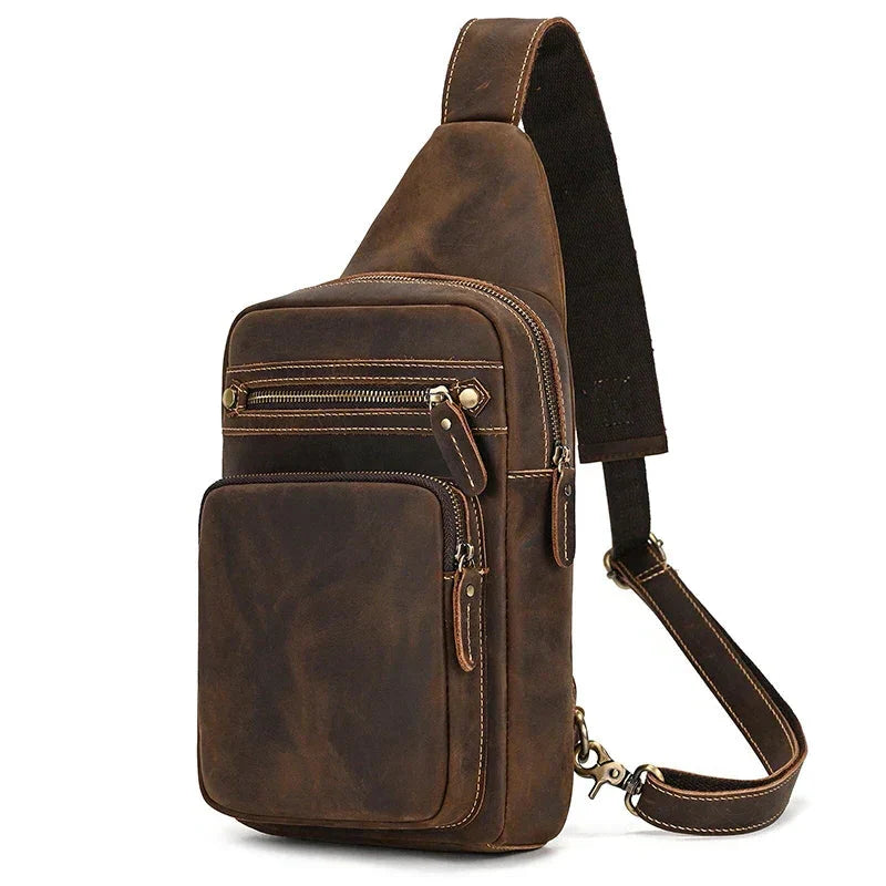 Men’s Leather Sling Bag - Multi-Pocket Tablet Crossbody