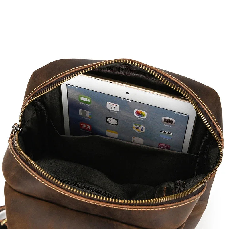 Men’s Leather Sling Bag - Multi-Pocket Tablet Crossbody
