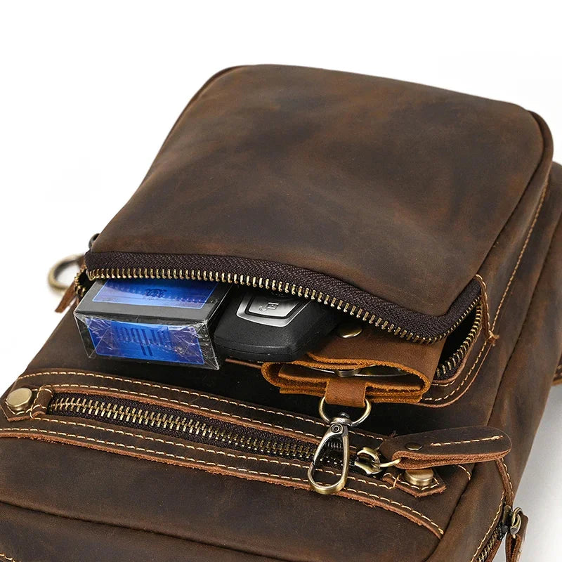 Men’s Leather Sling Bag - Multi-Pocket Tablet Crossbody