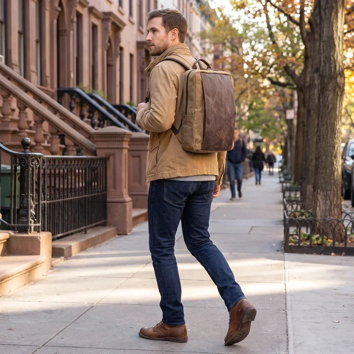 Slim Canvas Laptop Backpack with Leather Front Panel