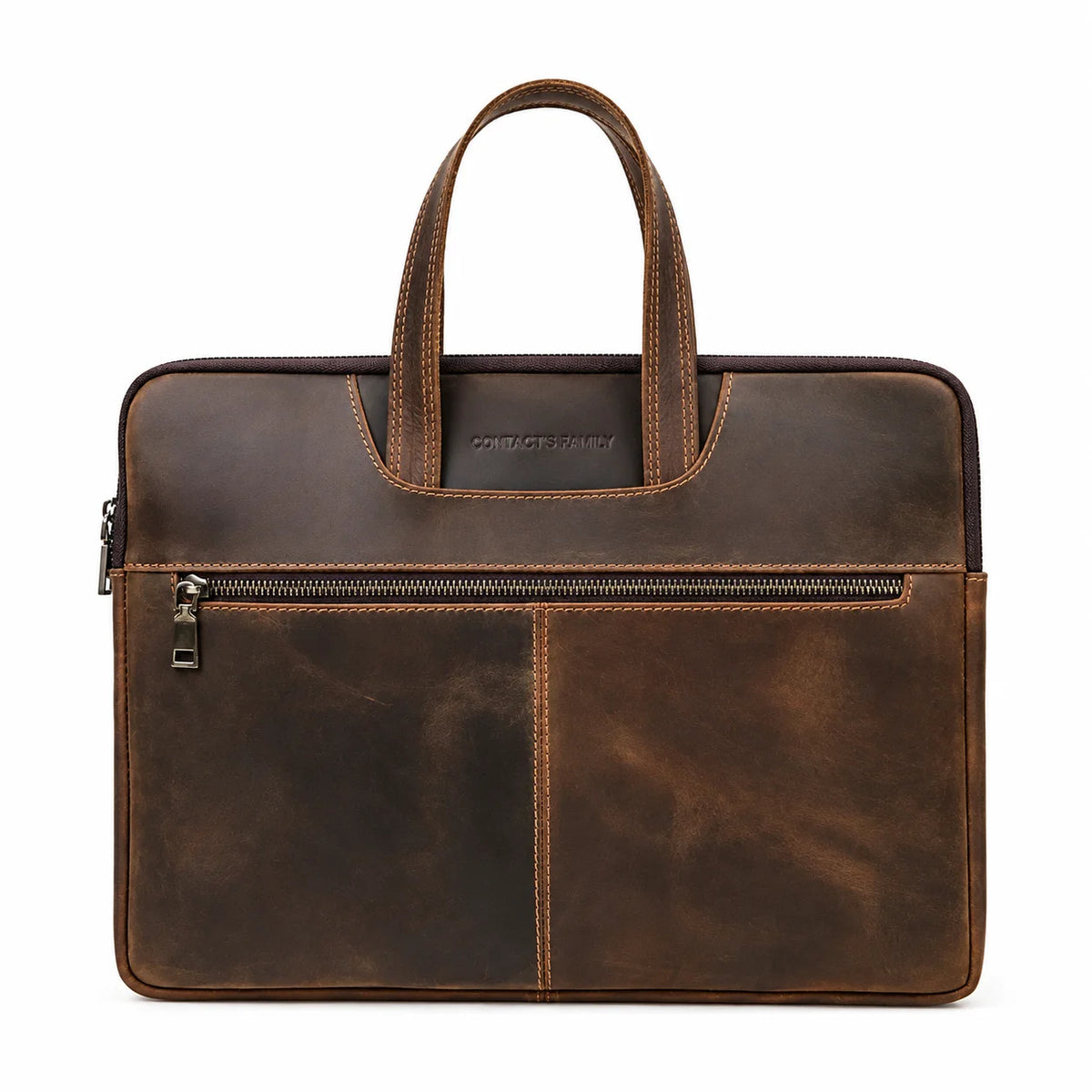 Slim Leather Laptop Briefcase - Zip Case with Front Pocket and Top Handles - Coffee