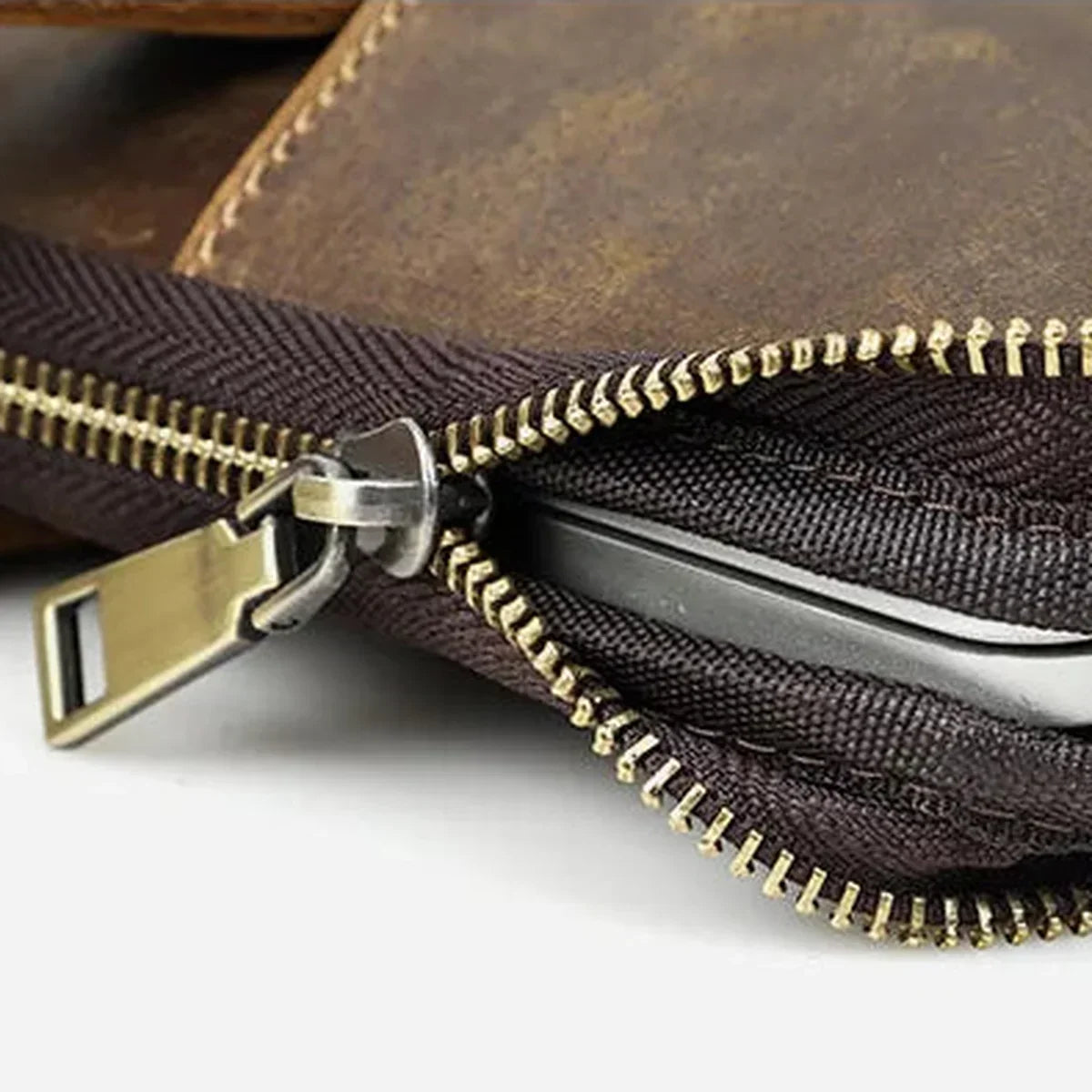Slim Leather Laptop Briefcase - Zip Case with Front Pocket and Top Handles - Coffee