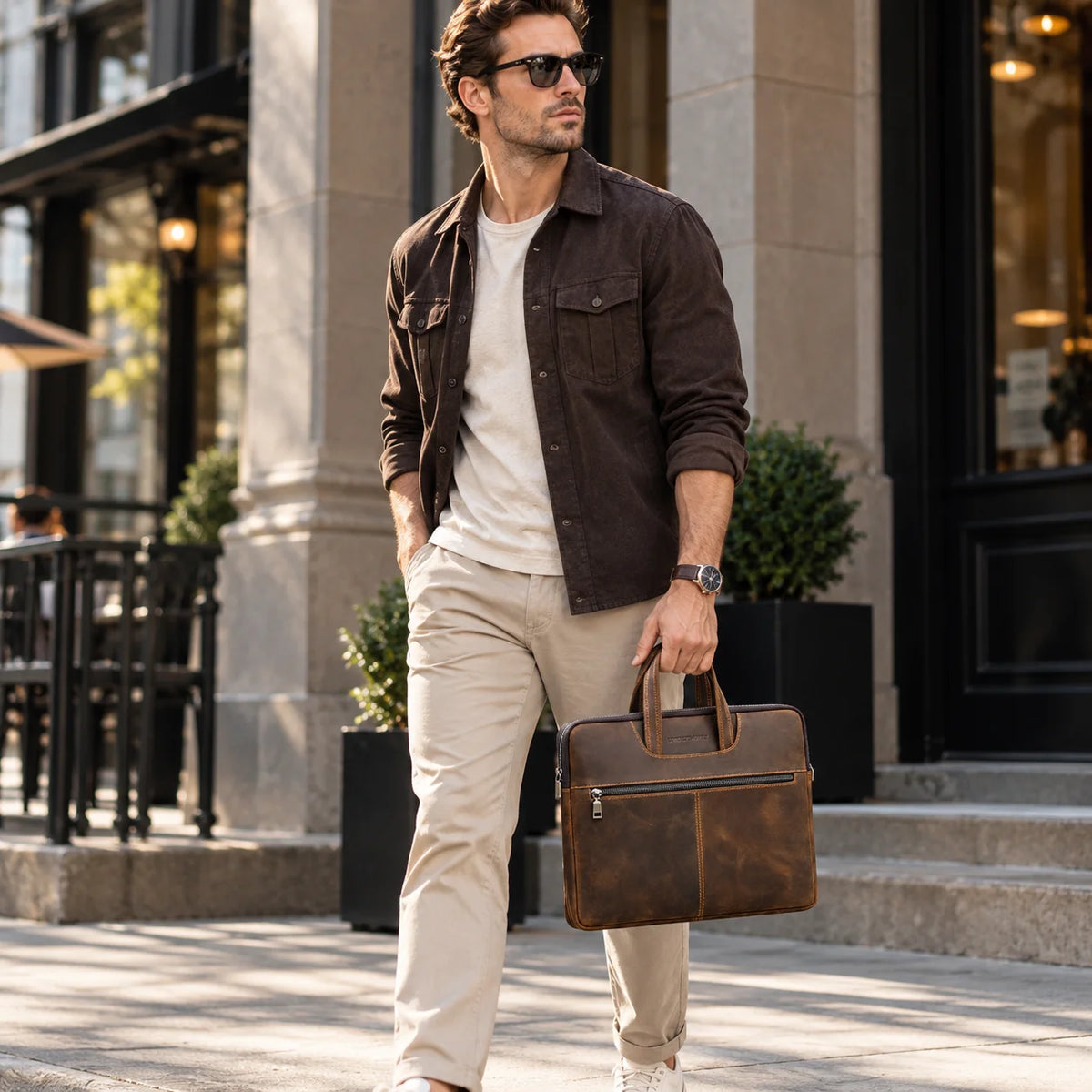 Slim Leather Laptop Briefcase - Zip Case with Front Pocket and Top Handles - Coffee
