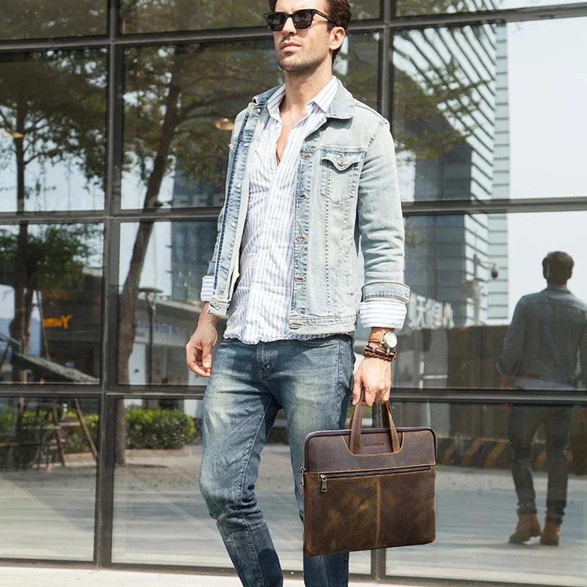 Slim Leather Laptop Briefcase - Zip Case with Front Pocket and Top Handles - Coffee