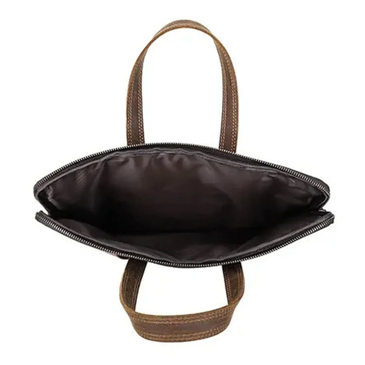 Slim Leather Laptop Briefcase - Zip Case with Front Pocket and Top Handles - Coffee