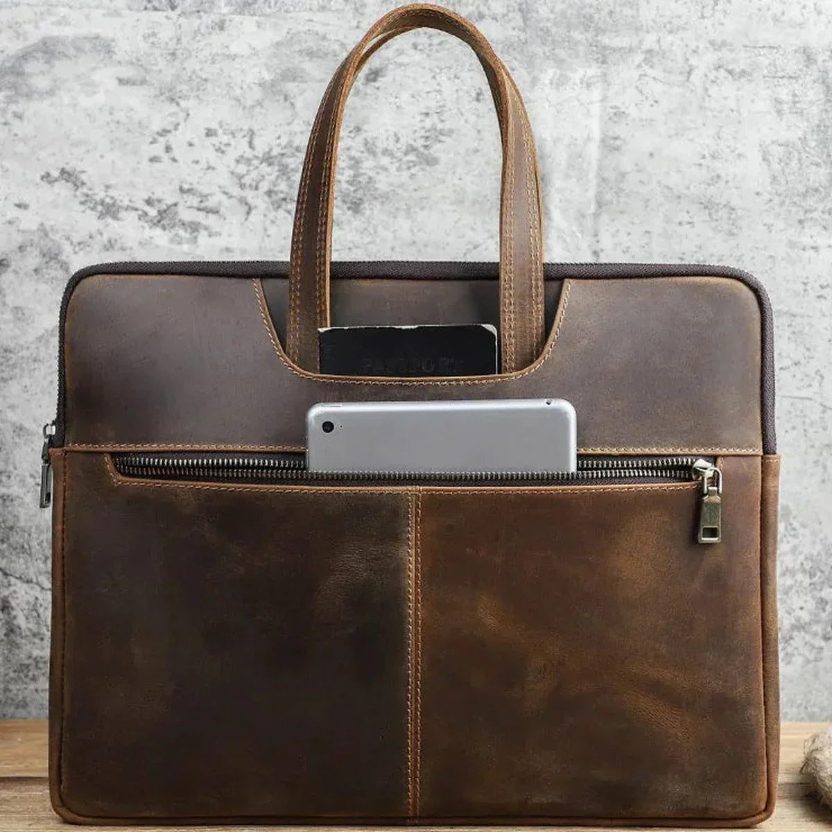 Slim Leather Laptop Briefcase - Zip Case with Front Pocket and Top Handles - Coffee
