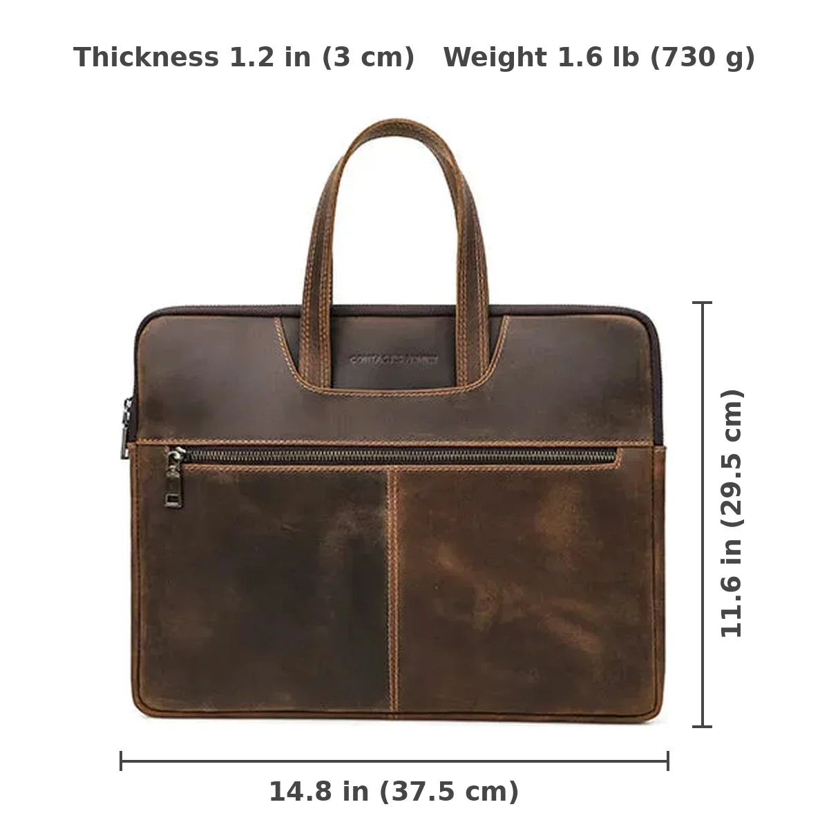 Slim Leather Laptop Briefcase - Zip Case with Front Pocket and Top Handles - Coffee