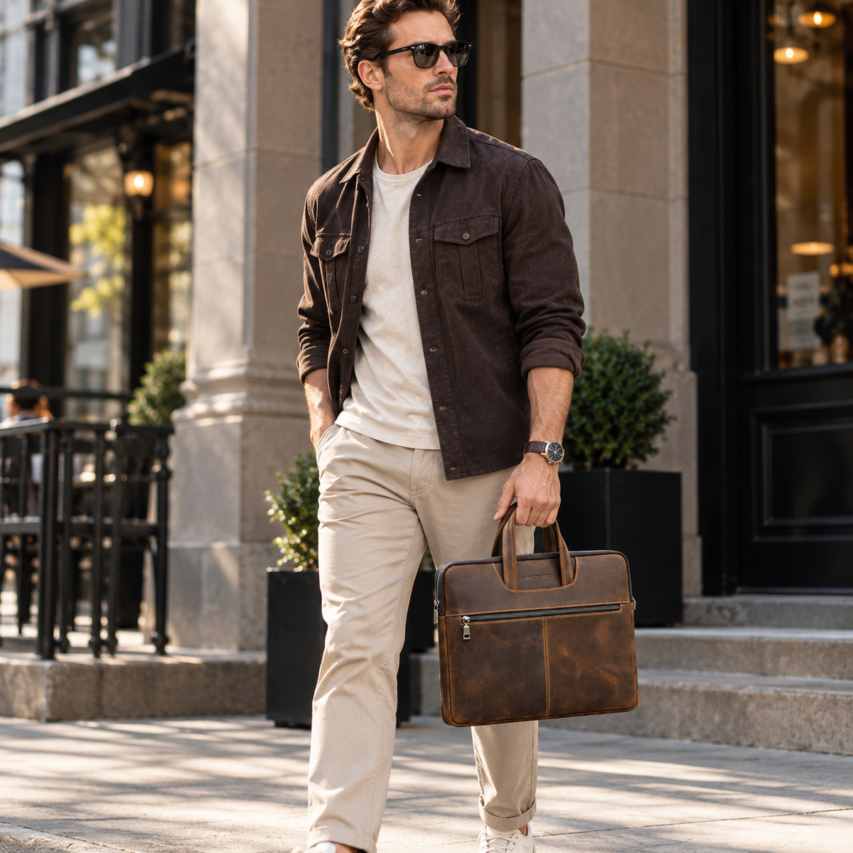 Slim Leather Laptop Briefcase - Zip Case with Front Pocket and Top Handles