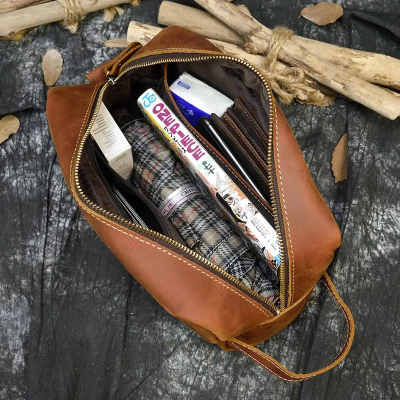 Men’s Leather Toiletry Bag - Full-Grain Dopp Kit for Travel